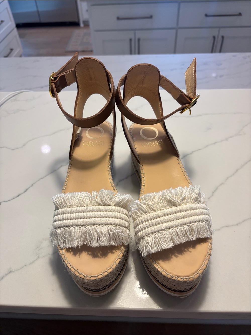 Odissi Fringed White & Tan Wedge Sandals with Ankle Strap